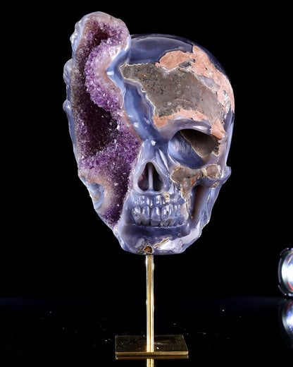 8.0" Amethyst Druse Agate Hand Carved Mineral Specimen Skull Sculpture