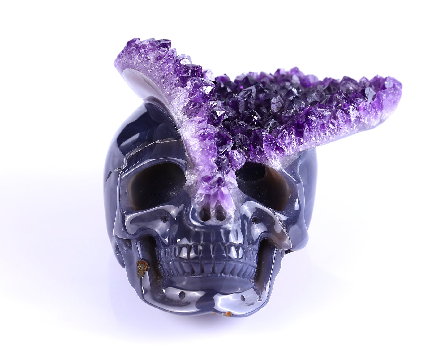 5.0" Amethyst Druse Agate Hand Carved Mineral Specimen Skull Sculpture