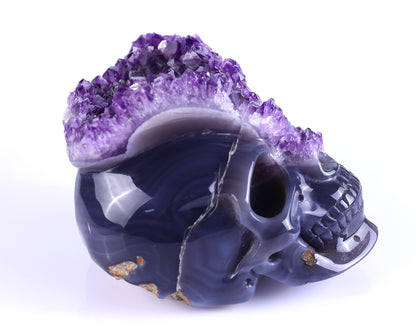 5.0" Amethyst Druse Agate Hand Carved Mineral Specimen Skull Sculpture