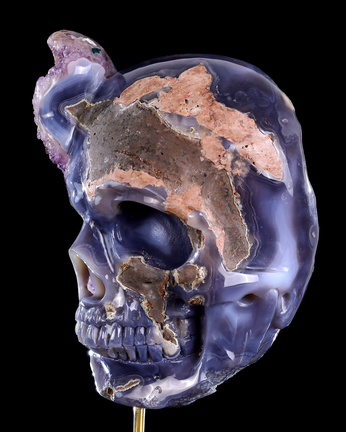 8.0" Amethyst Druse Agate Hand Carved Mineral Specimen Skull Sculpture