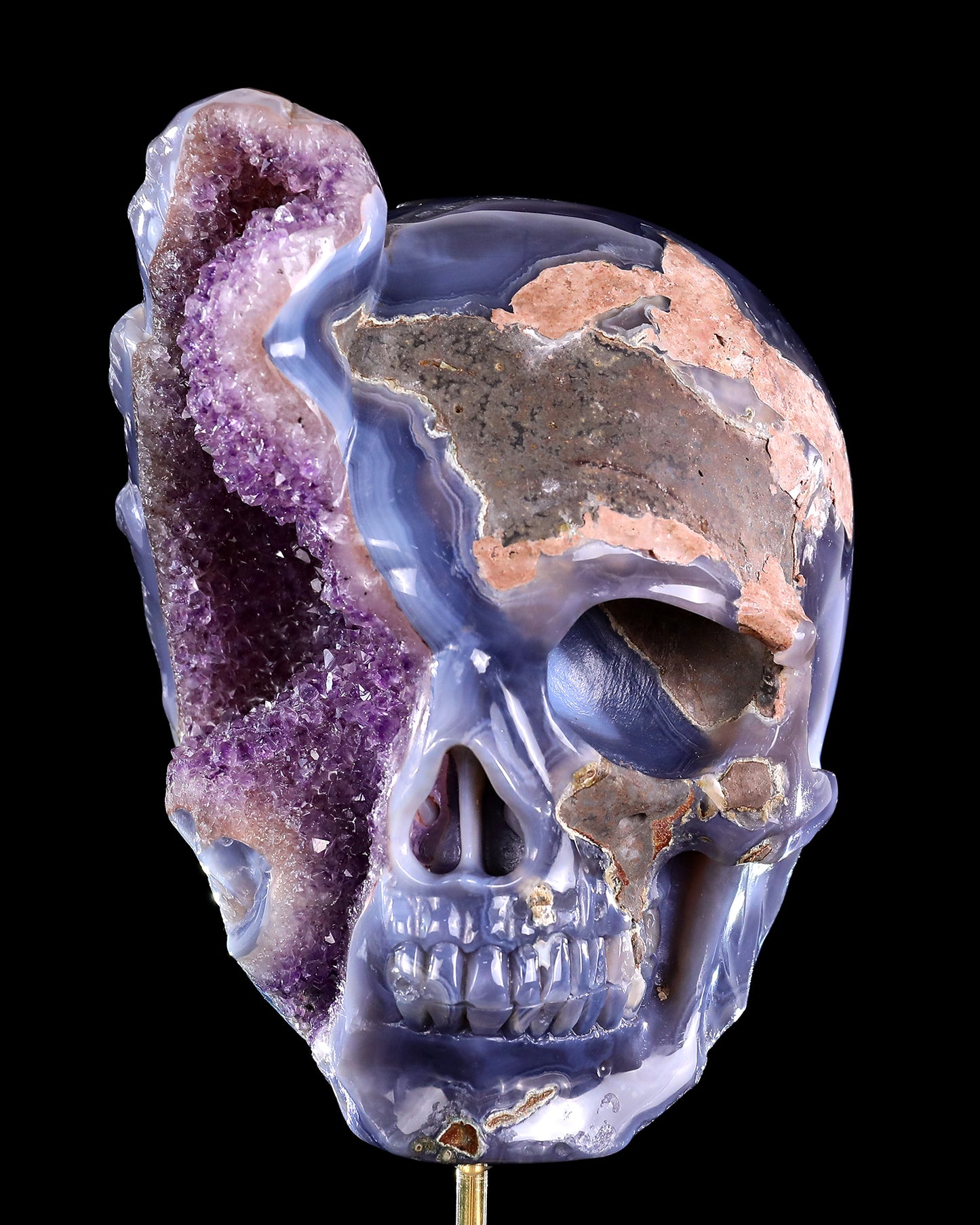 8.0" Amethyst Druse Agate Hand Carved Mineral Specimen Skull Sculpture