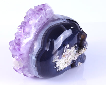 8.4" Amethyst Druse Agate Hand Carved Mineral Specimen Skull Sculpture