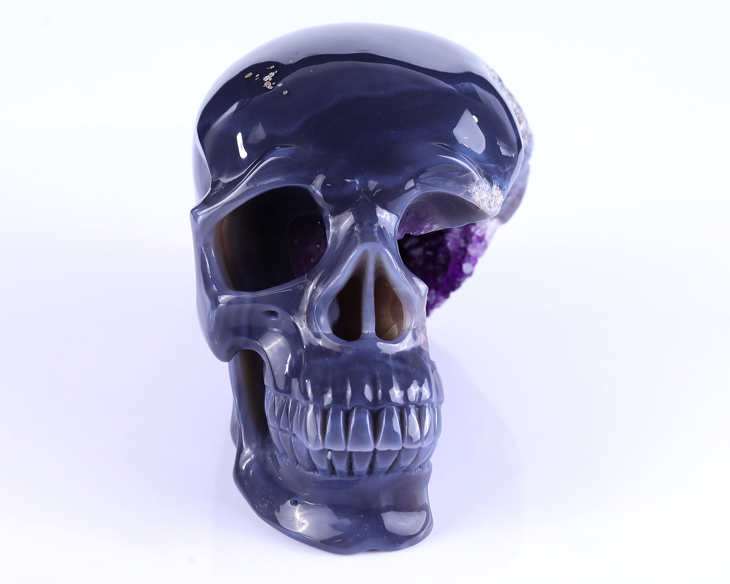 7.5" Amethyst Geode Agate Hand Carved Crystal Geode Skull Sculpture