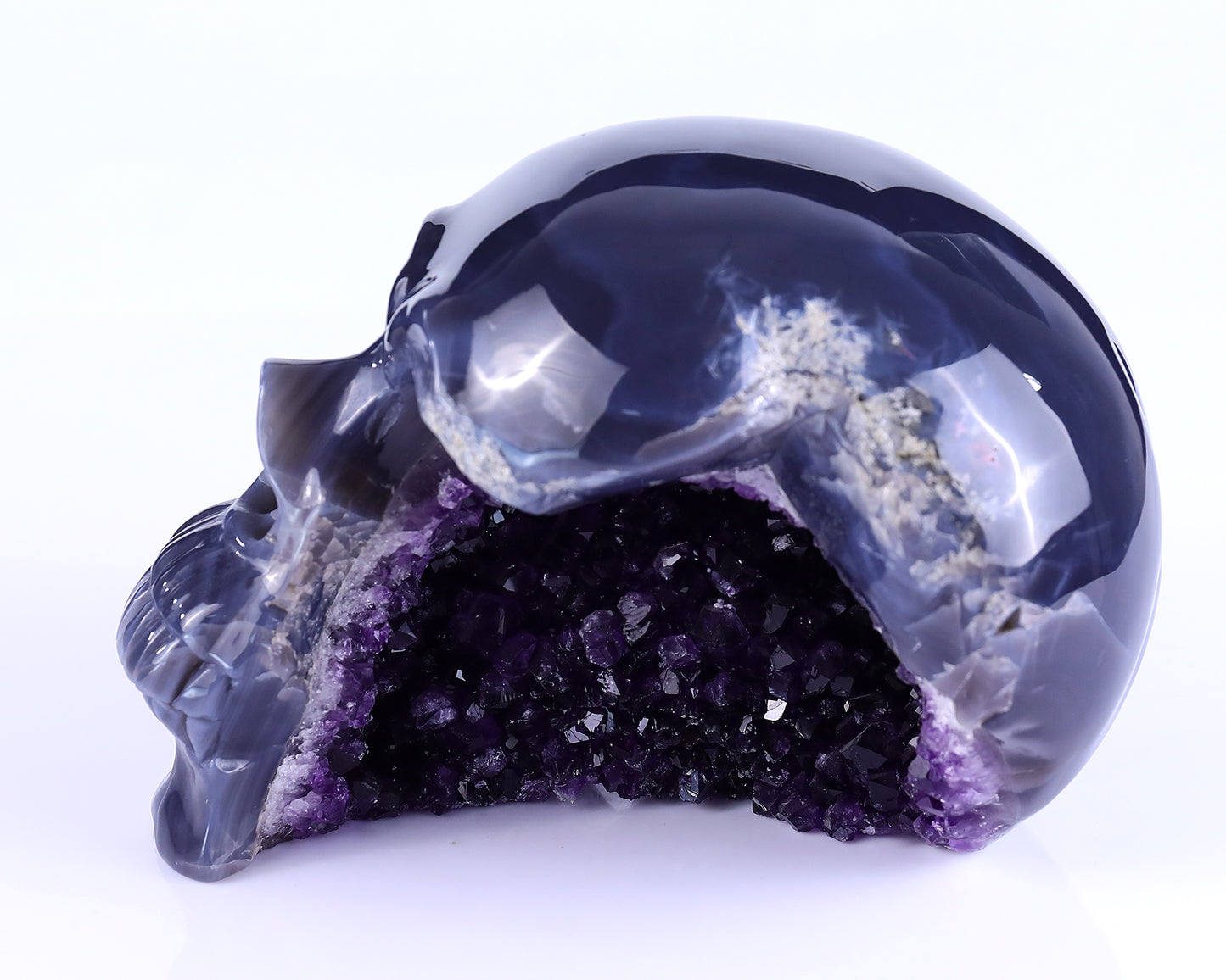 7.5" Amethyst Geode Agate Hand Carved Crystal Geode Skull Sculpture