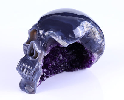 7.5" Amethyst Geode Agate Hand Carved Crystal Geode Skull Sculpture