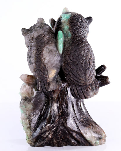 7.3" Natural Emerald Hand Carved Crystal Owls Sculpture