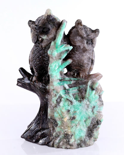 7.3" Natural Emerald Hand Carved Crystal Owls Sculpture