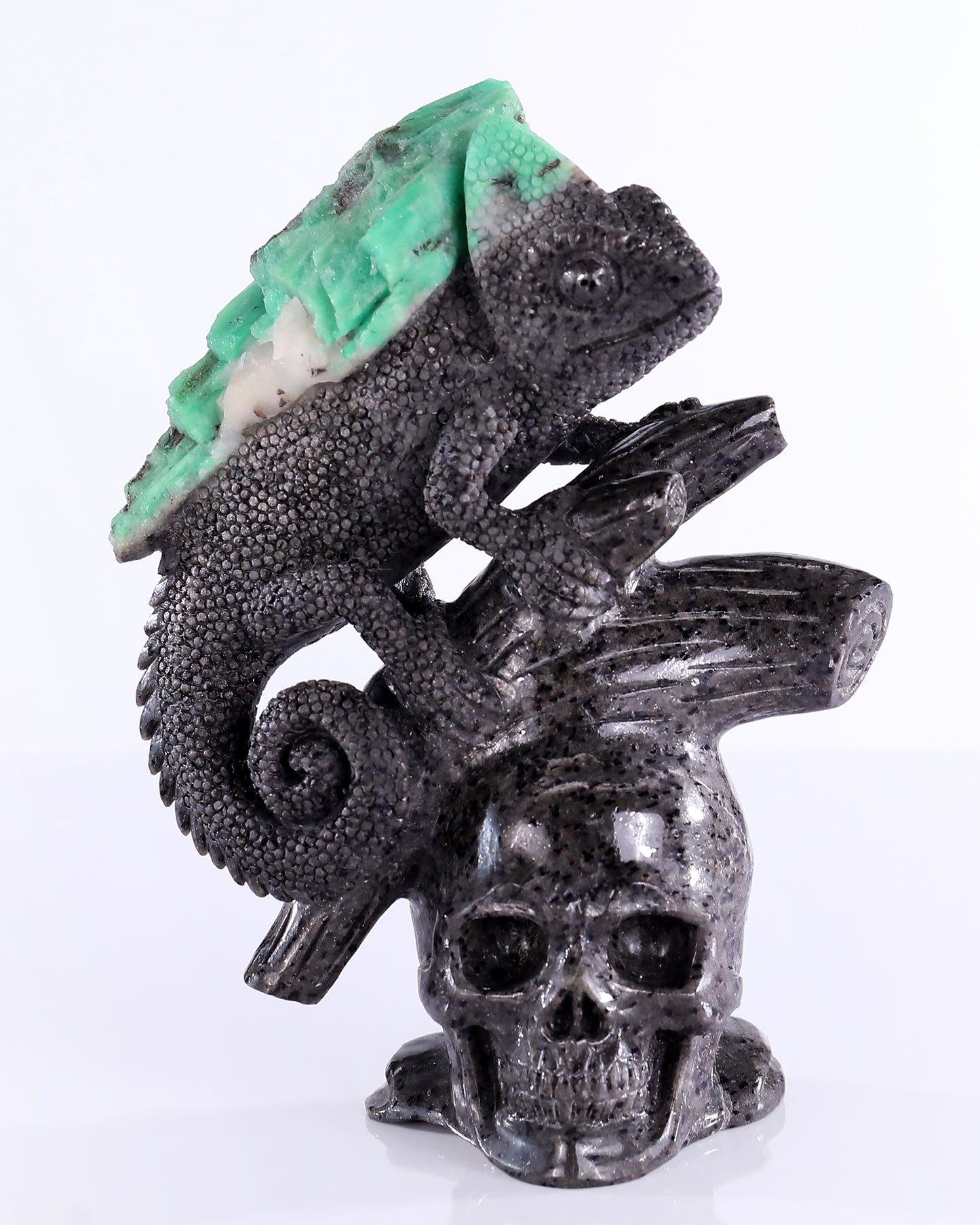 6.0" Natural Emerald Hand Carved Crystal Lizard and Skull Sculpture