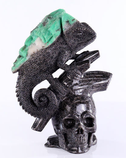 6.0" Natural Emerald Hand Carved Crystal Lizard and Skull Sculpture