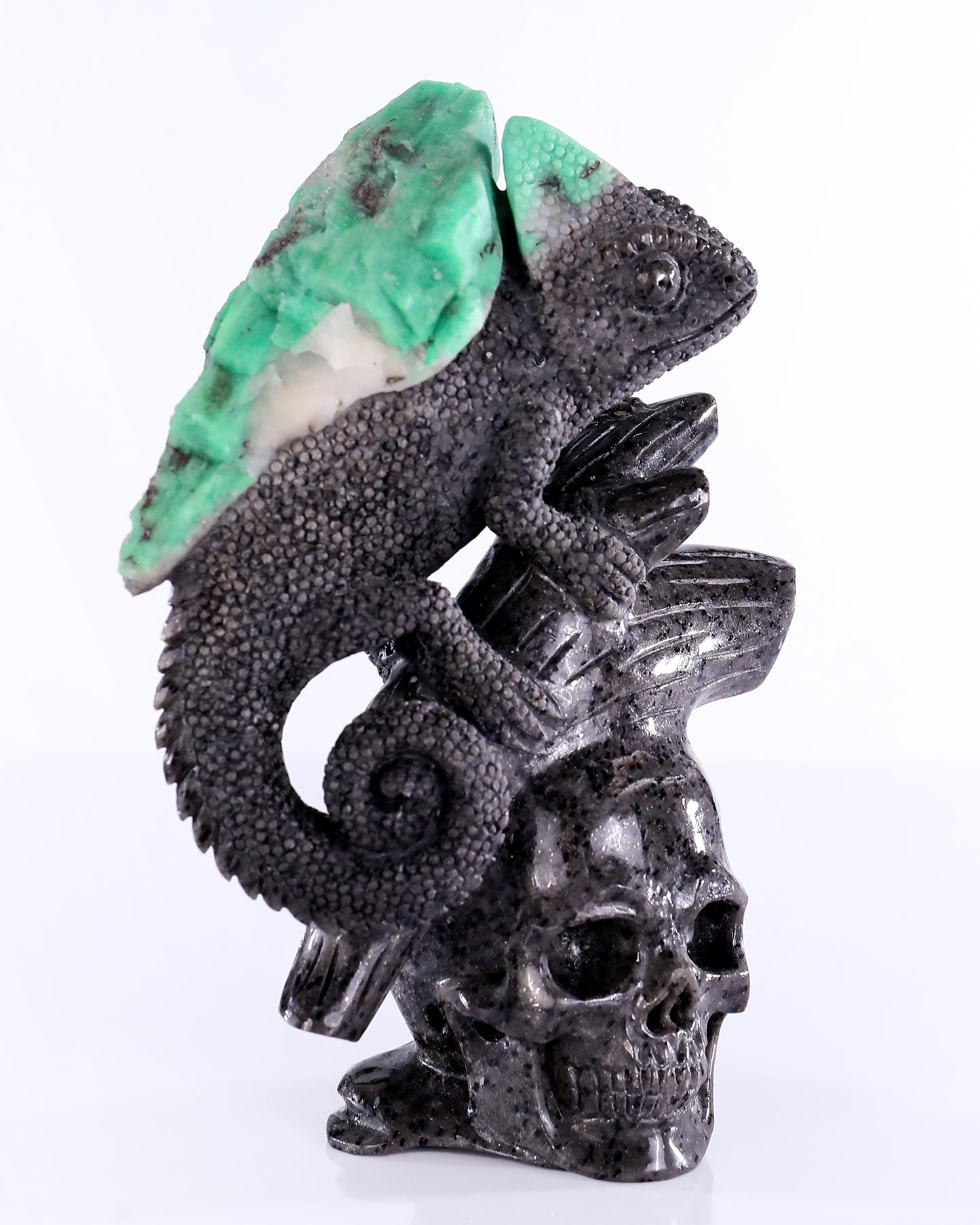 6.0" Natural Emerald Hand Carved Crystal Lizard and Skull Sculpture