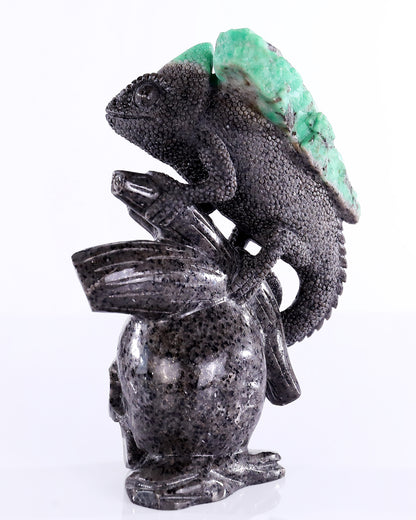 6.0" Natural Emerald Hand Carved Crystal Lizard and Skull Sculpture