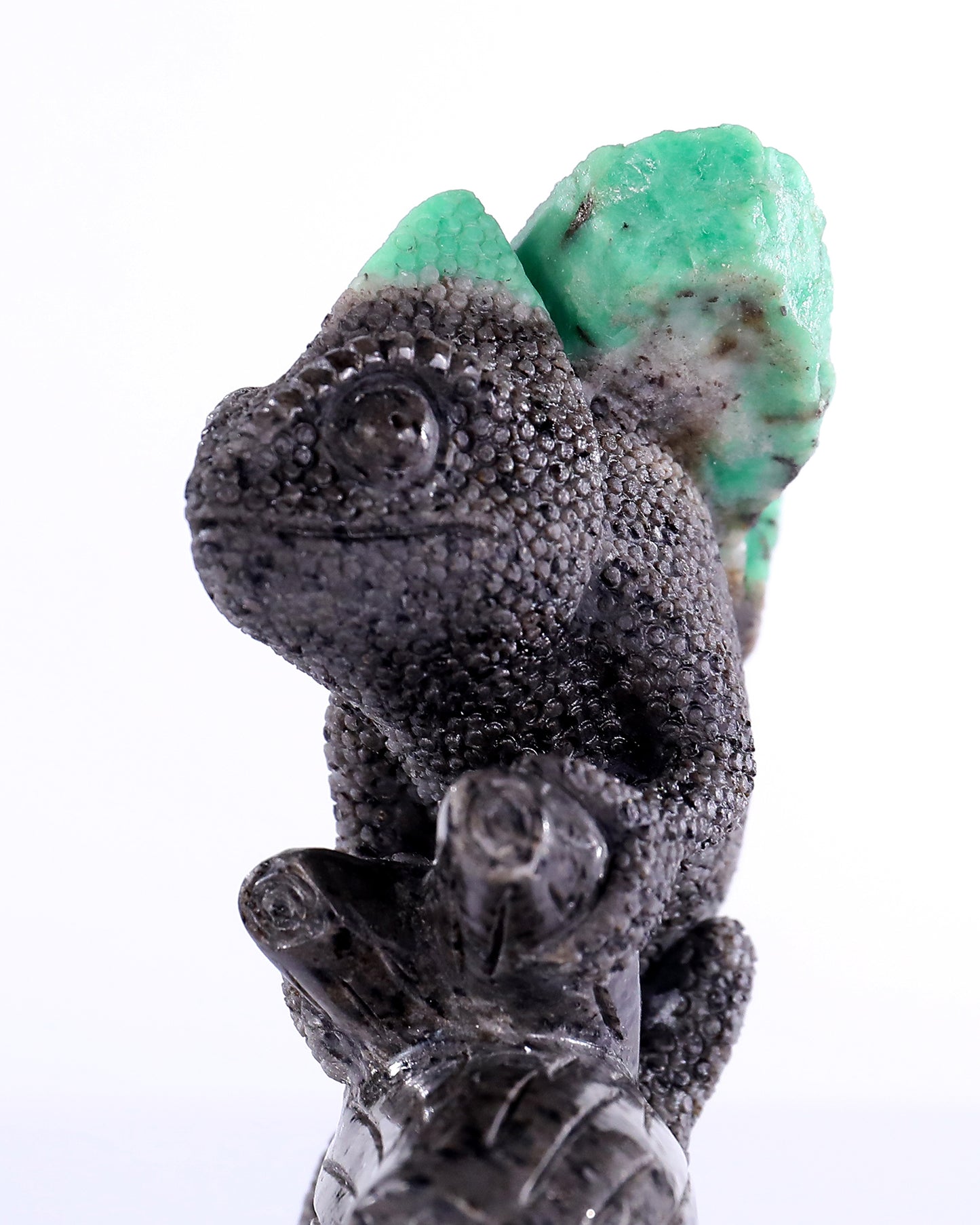 6.0" Natural Emerald Hand Carved Crystal Lizard and Skull Sculpture