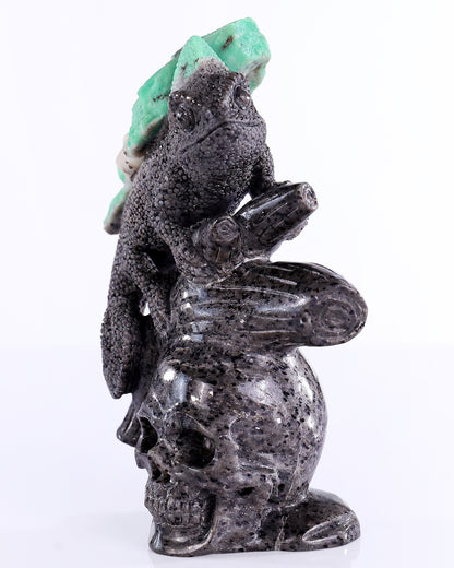 6.0" Natural Emerald Hand Carved Crystal Lizard and Skull Sculpture