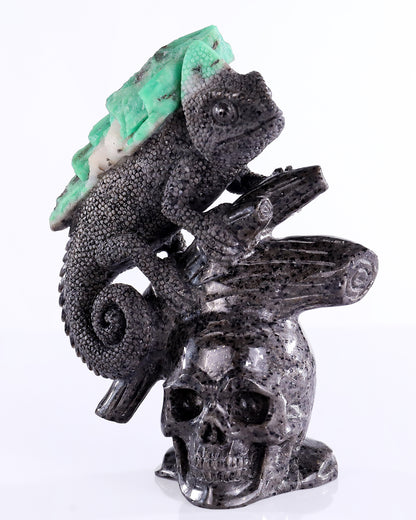 6.0" Natural Emerald Hand Carved Crystal Lizard and Skull Sculpture