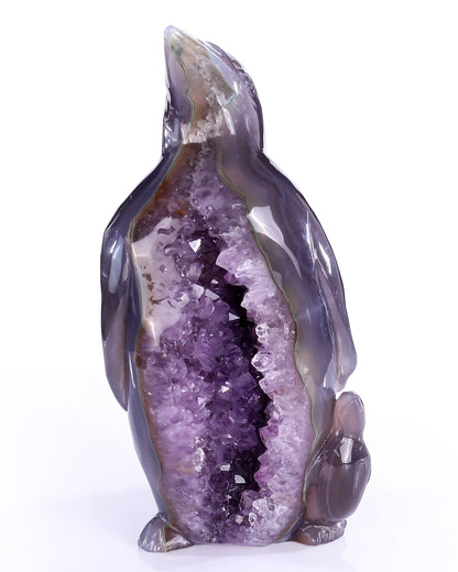 8.3" Natural Amethyst Druse Agate Hand Carved Crystal Penguin Sculpture