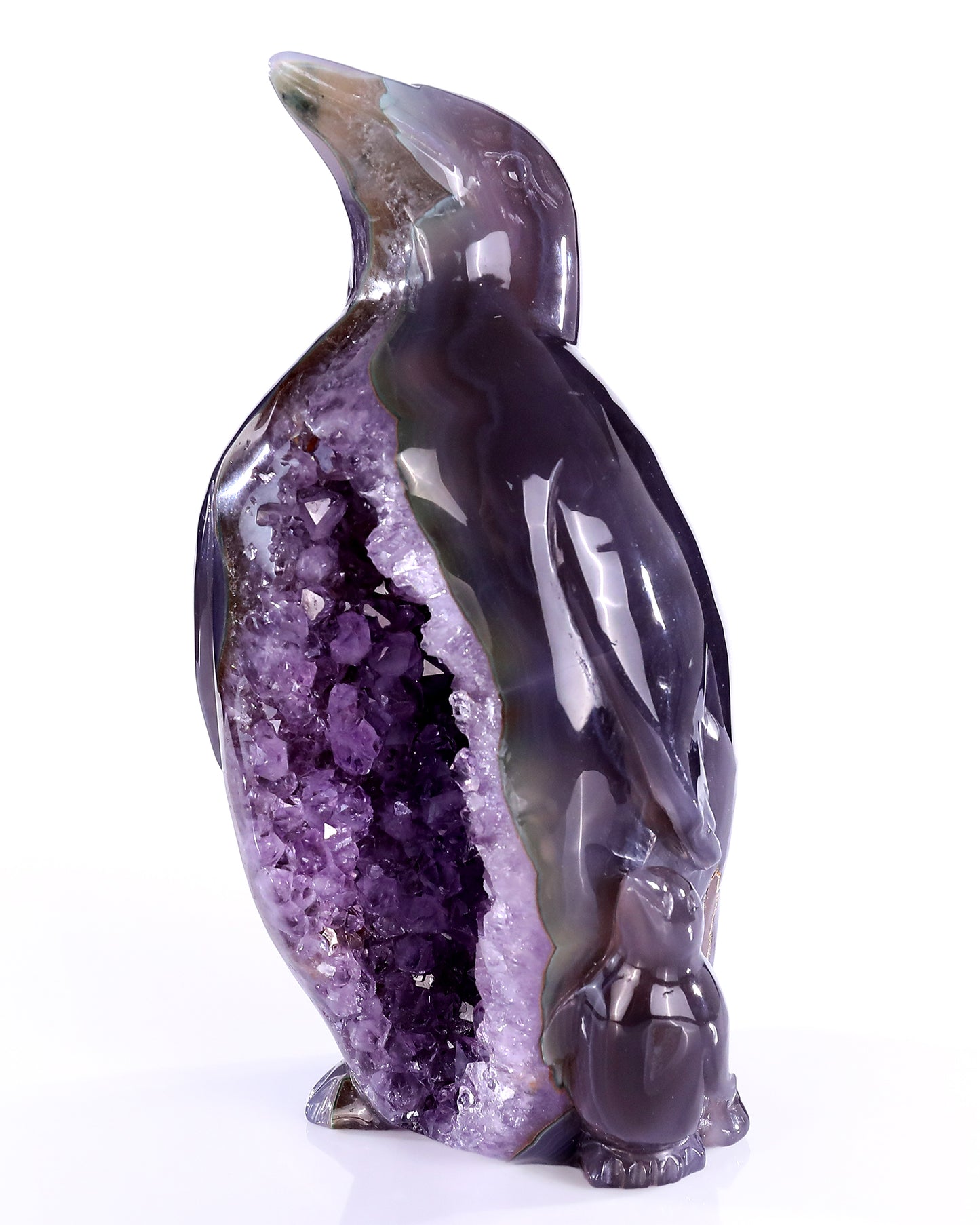 8.3" Natural Amethyst Druse Agate Hand Carved Crystal Penguin Sculpture