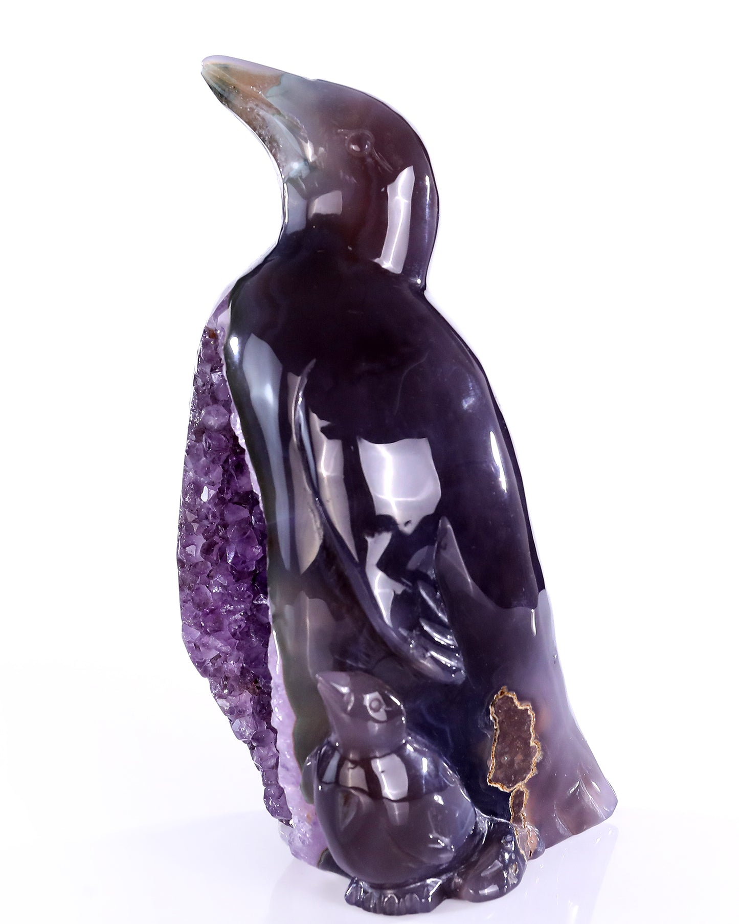 8.3" Natural Amethyst Druse Agate Hand Carved Crystal Penguin Sculpture