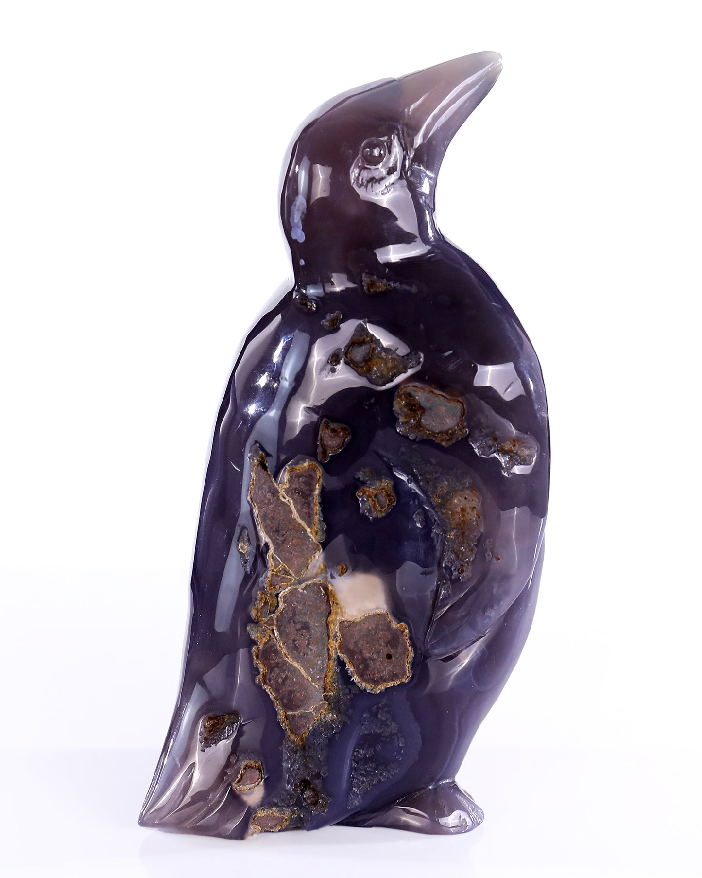 8.3" Natural Amethyst Druse Agate Hand Carved Crystal Penguin Sculpture