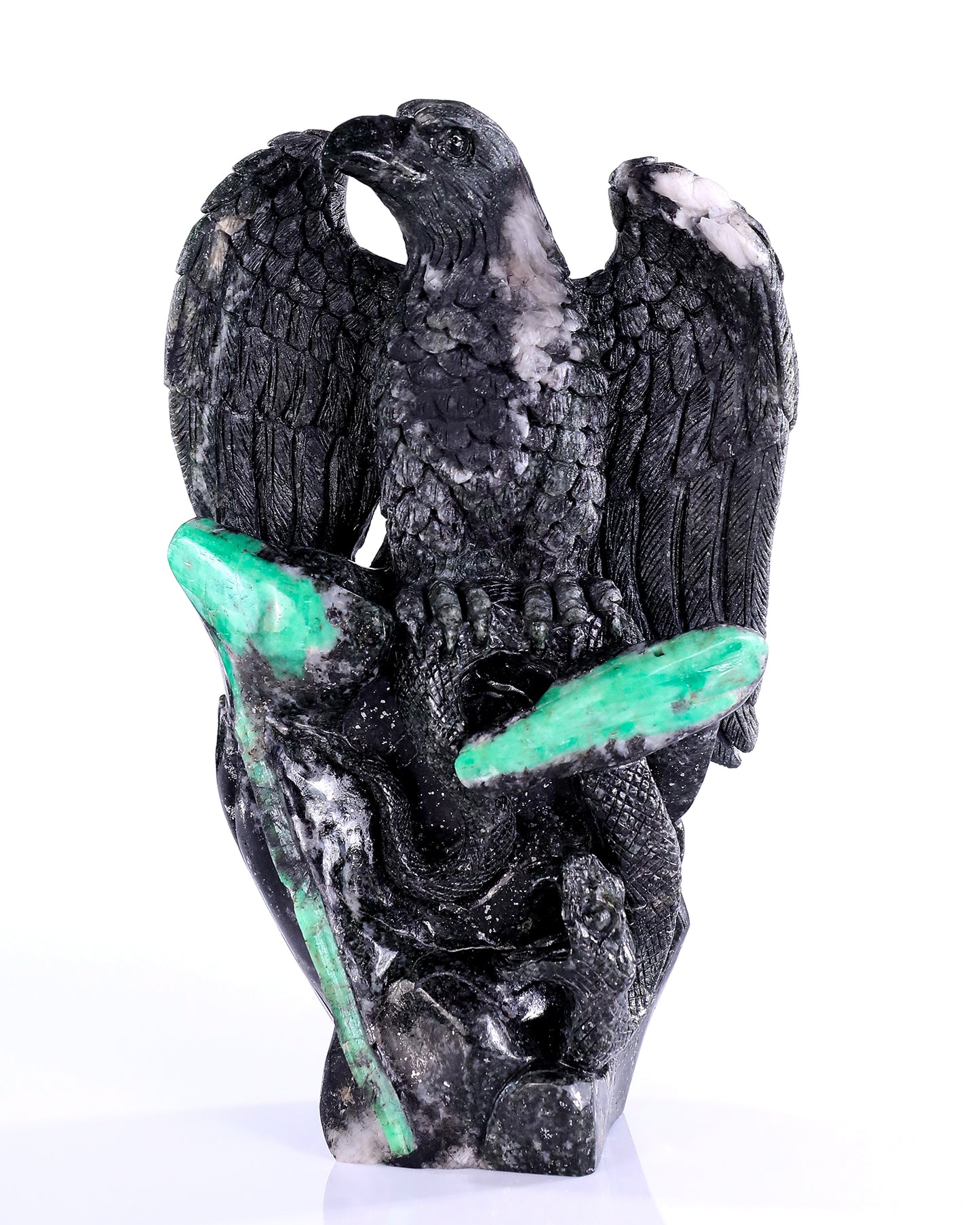 9.4" Emerald Hand Carved Crystal Eagle Catching Snake Sculpture