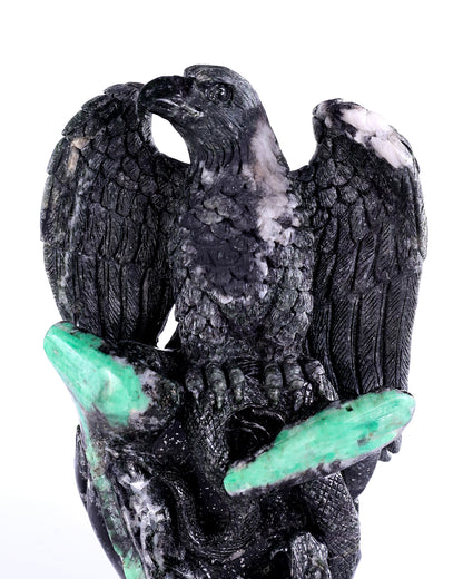 9.4" Emerald Hand Carved Crystal Eagle Catching Snake Sculpture