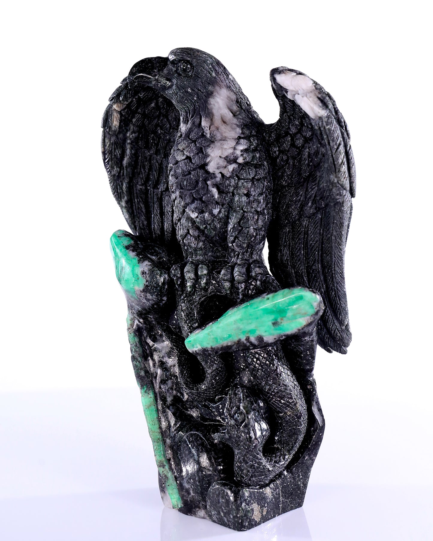 9.4" Emerald Hand Carved Crystal Eagle Catching Snake Sculpture