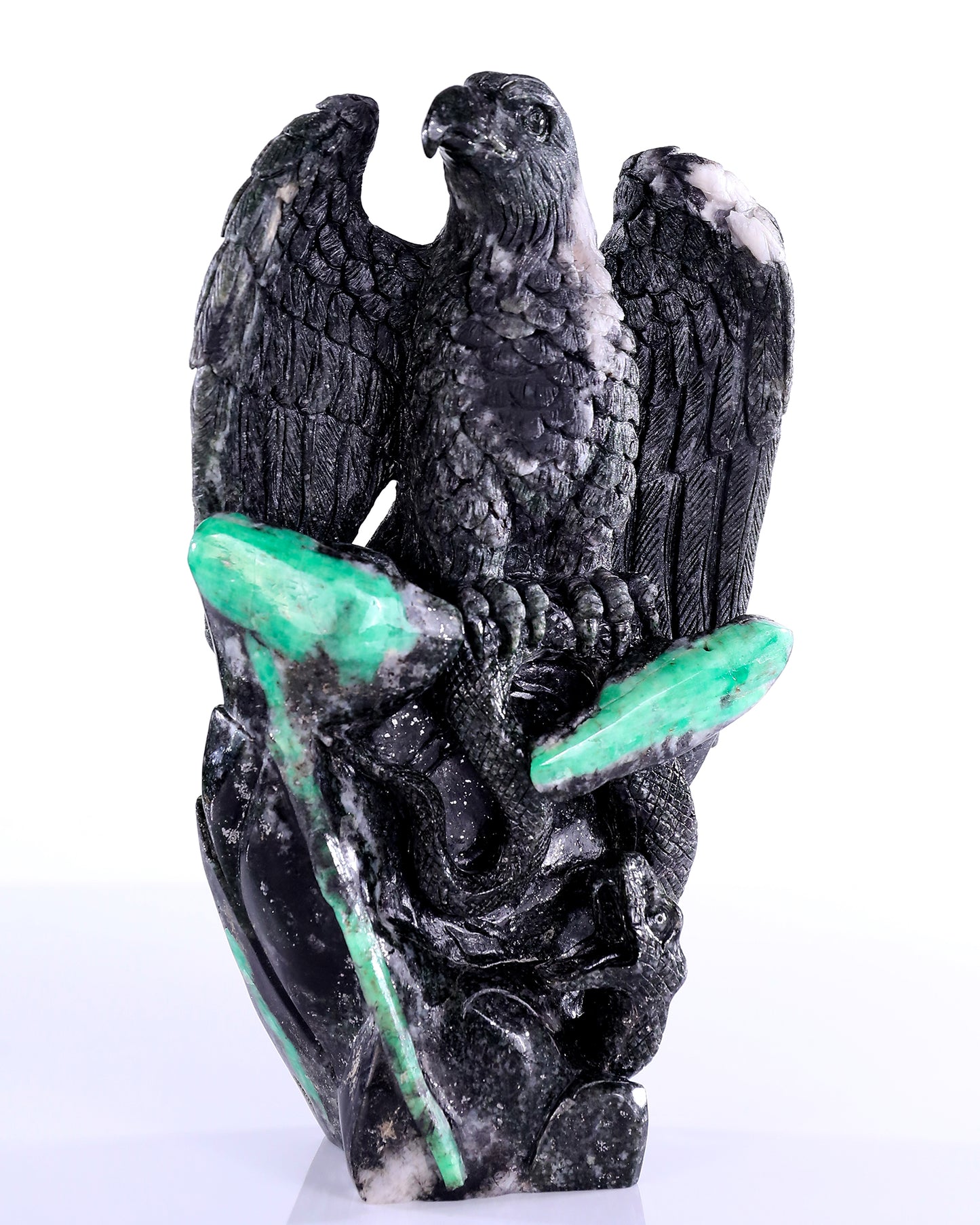 9.4" Emerald Hand Carved Crystal Eagle Catching Snake Sculpture