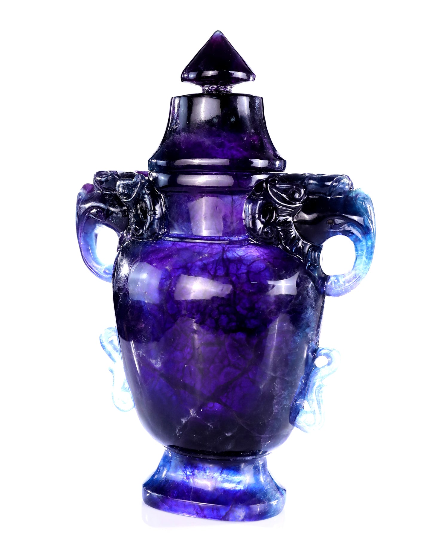 10.6” Natural Fluorite Hand Carved Crystal Vase with Lid