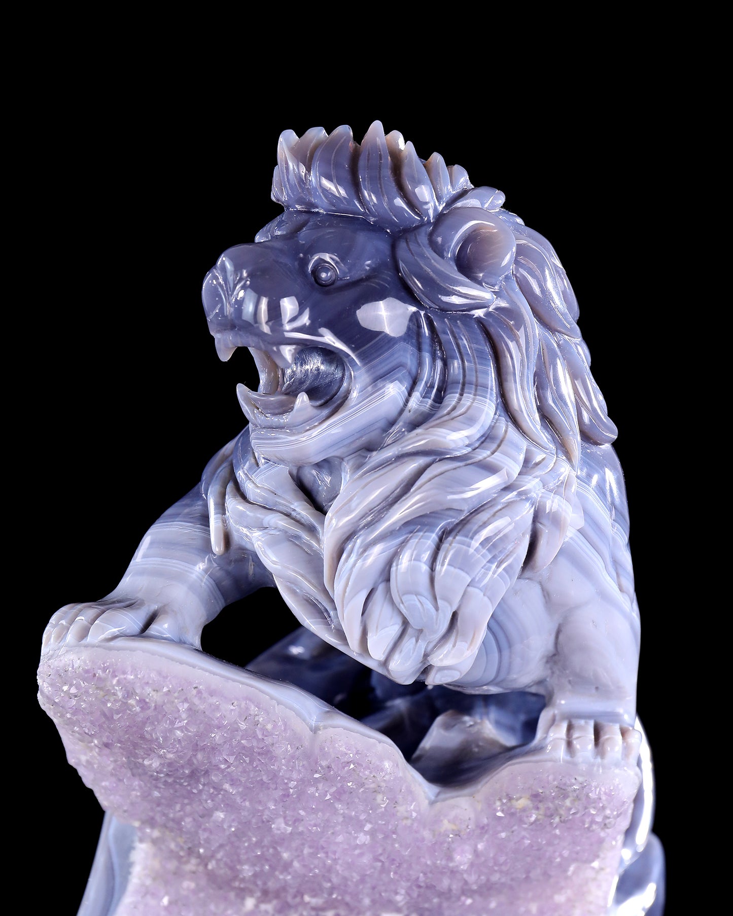 11.4" Amethyst Druse Agate Hand Carved Crystal Lion Sculpture