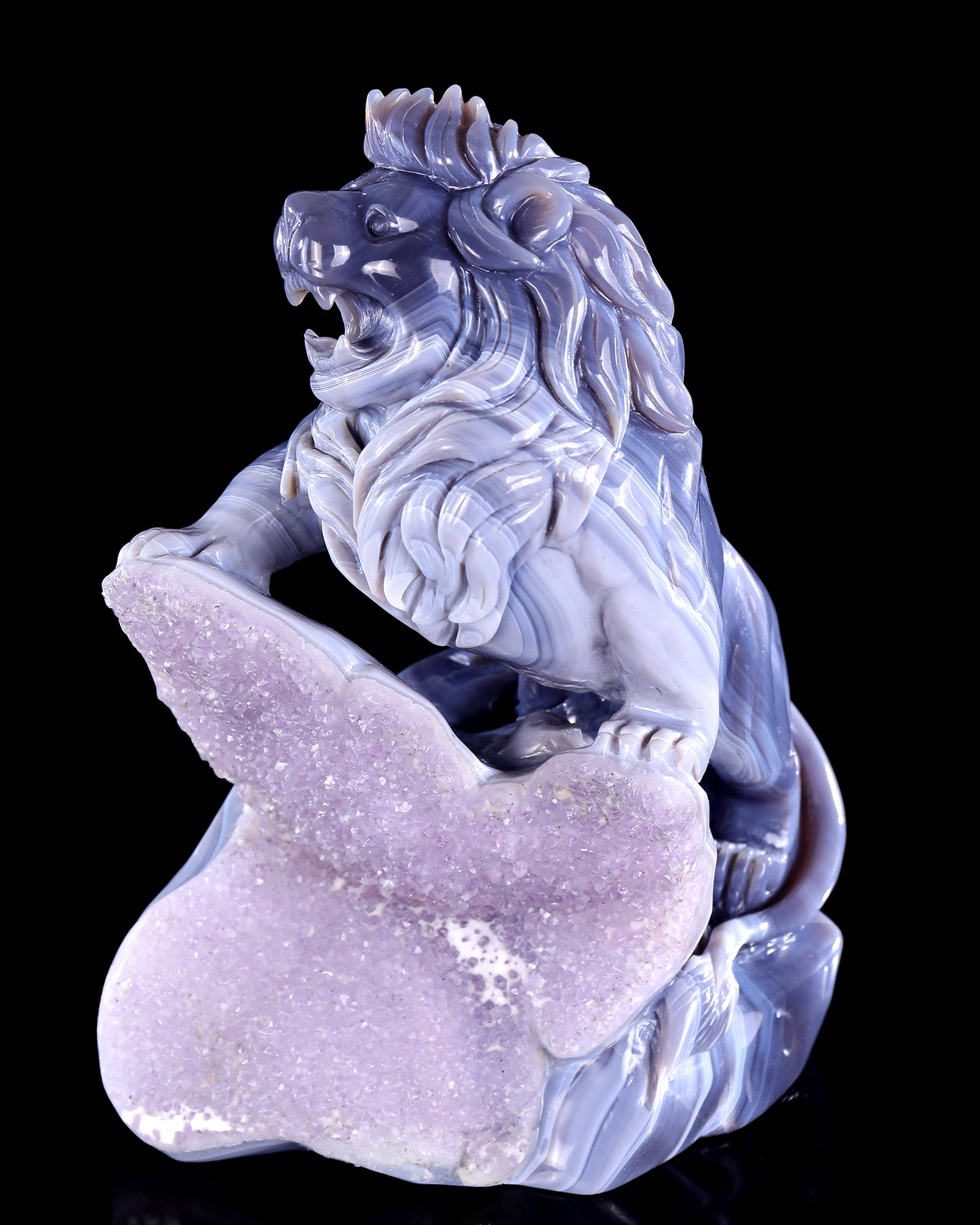 11.4" Amethyst Druse Agate Hand Carved Crystal Lion Sculpture