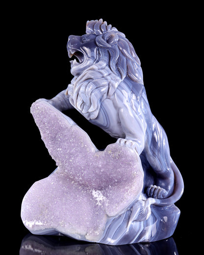 11.4" Amethyst Druse Agate Hand Carved Crystal Lion Sculpture