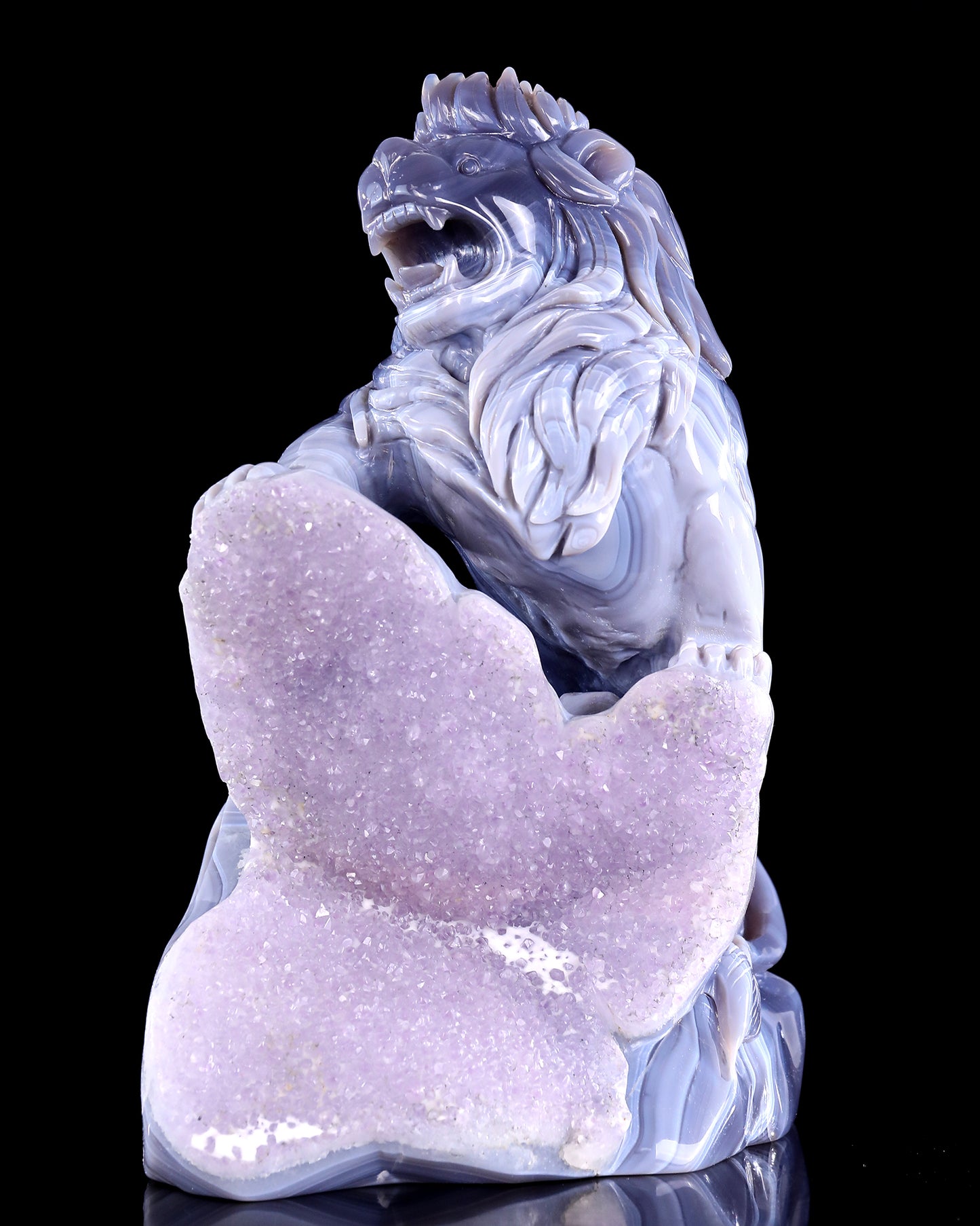 11.4" Amethyst Druse Agate Hand Carved Crystal Lion Sculpture