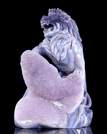 11.4" Amethyst Druse Agate Hand Carved Crystal Lion Sculpture