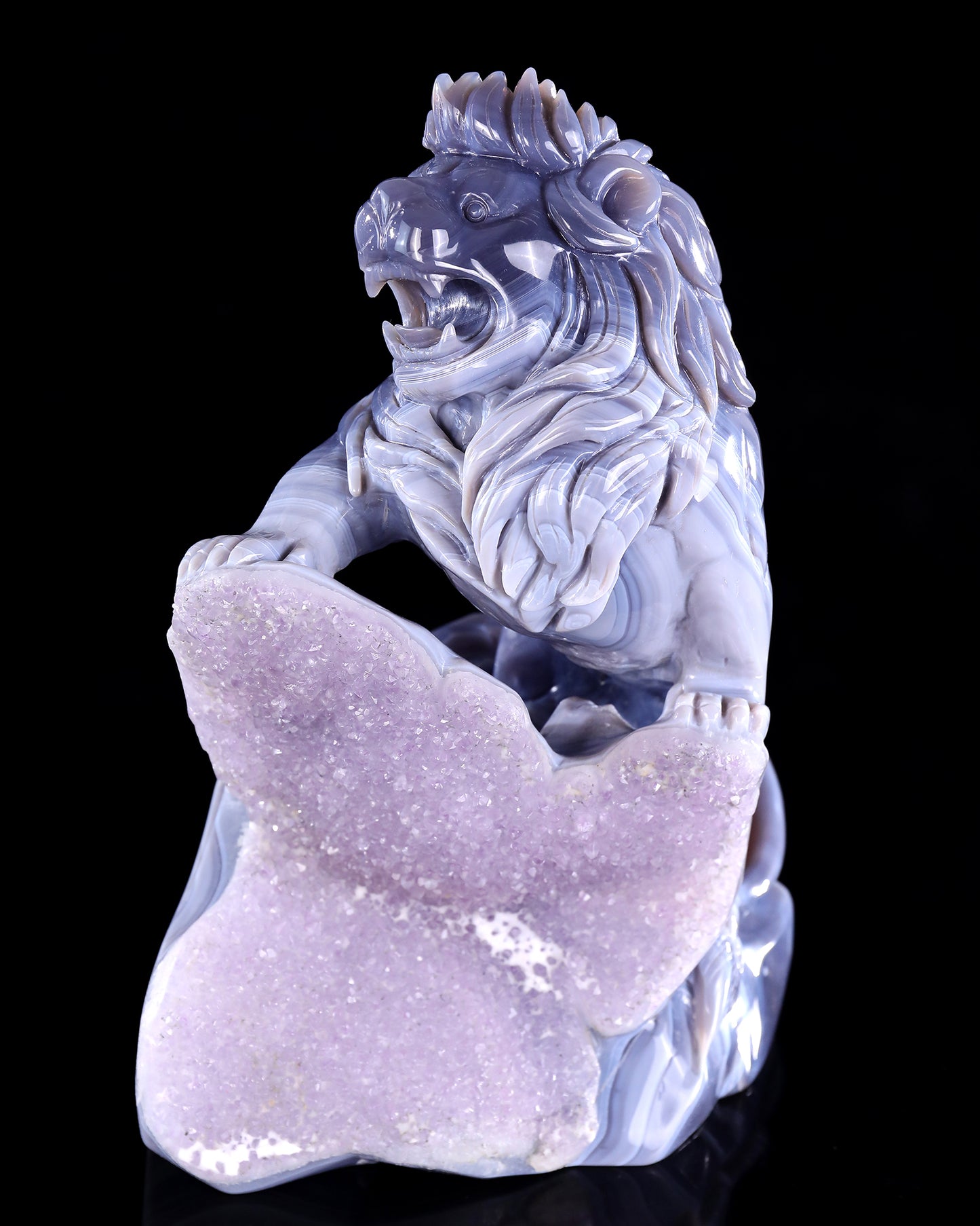 11.4" Amethyst Druse Agate Hand Carved Crystal Lion Sculpture