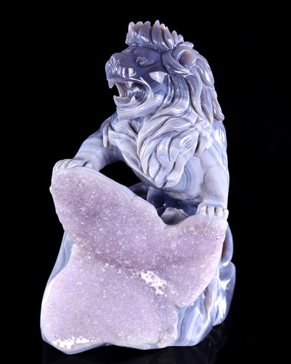 11.4" Amethyst Druse Agate Hand Carved Crystal Lion Sculpture