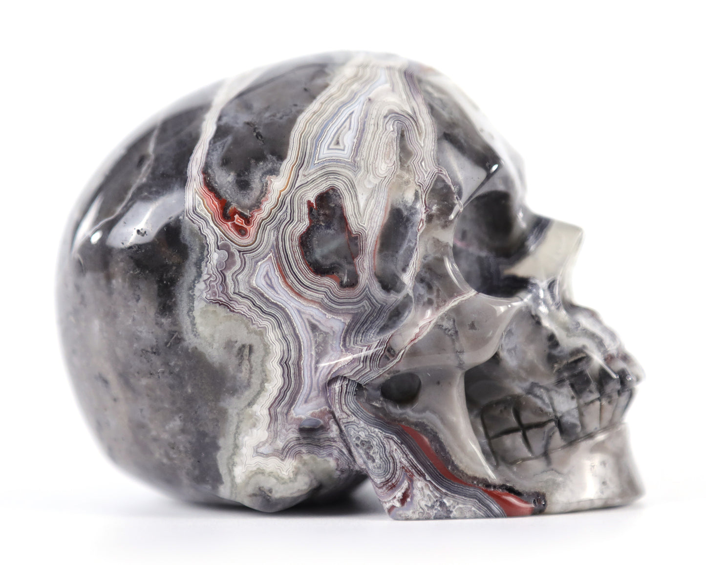 3.0" Red Crazy Lace Agate Hand Carved Crystal Realistic Skull Sculpture