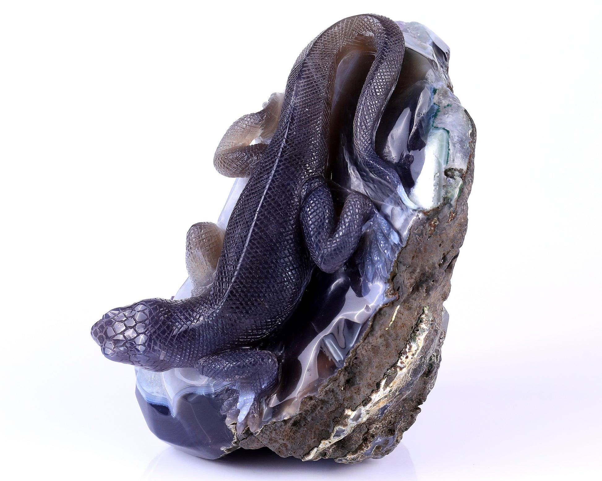 7.1" Amethyst Druse Agate Hand Carved Crystal Lizard Sculpture Crystallumi