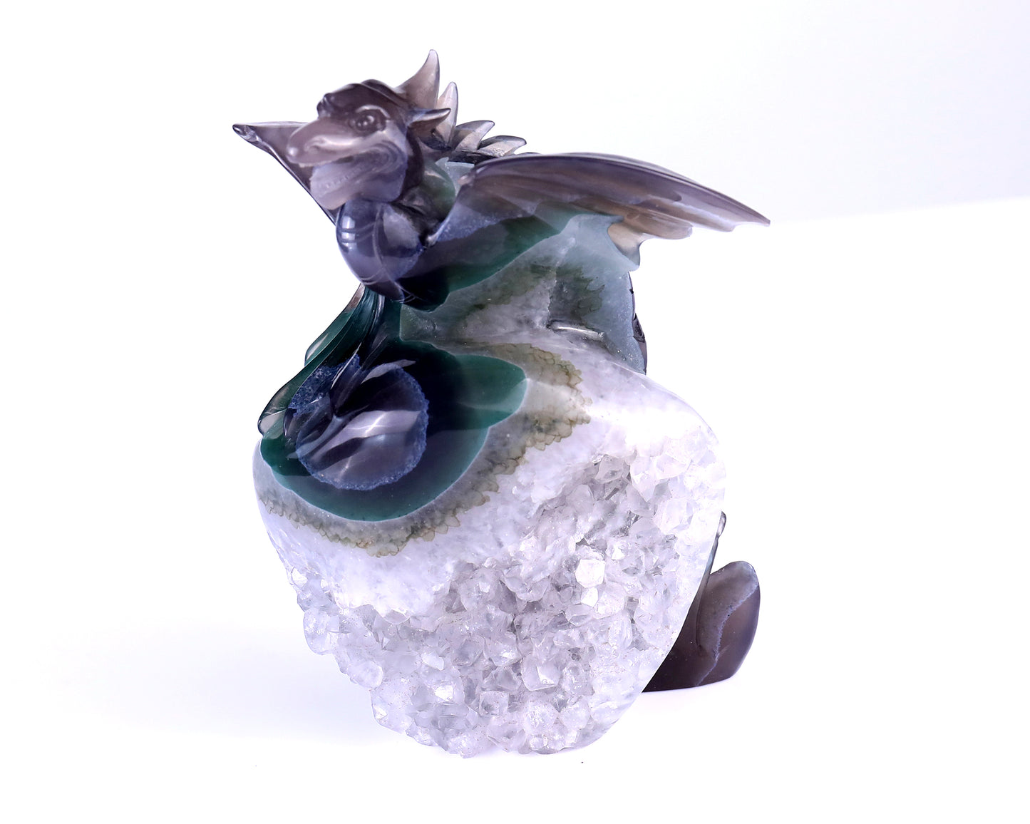 7.1" Quartz Druse Rock Hand Carved Crystal Cute Baby Dragon Sculpture Crystallumi