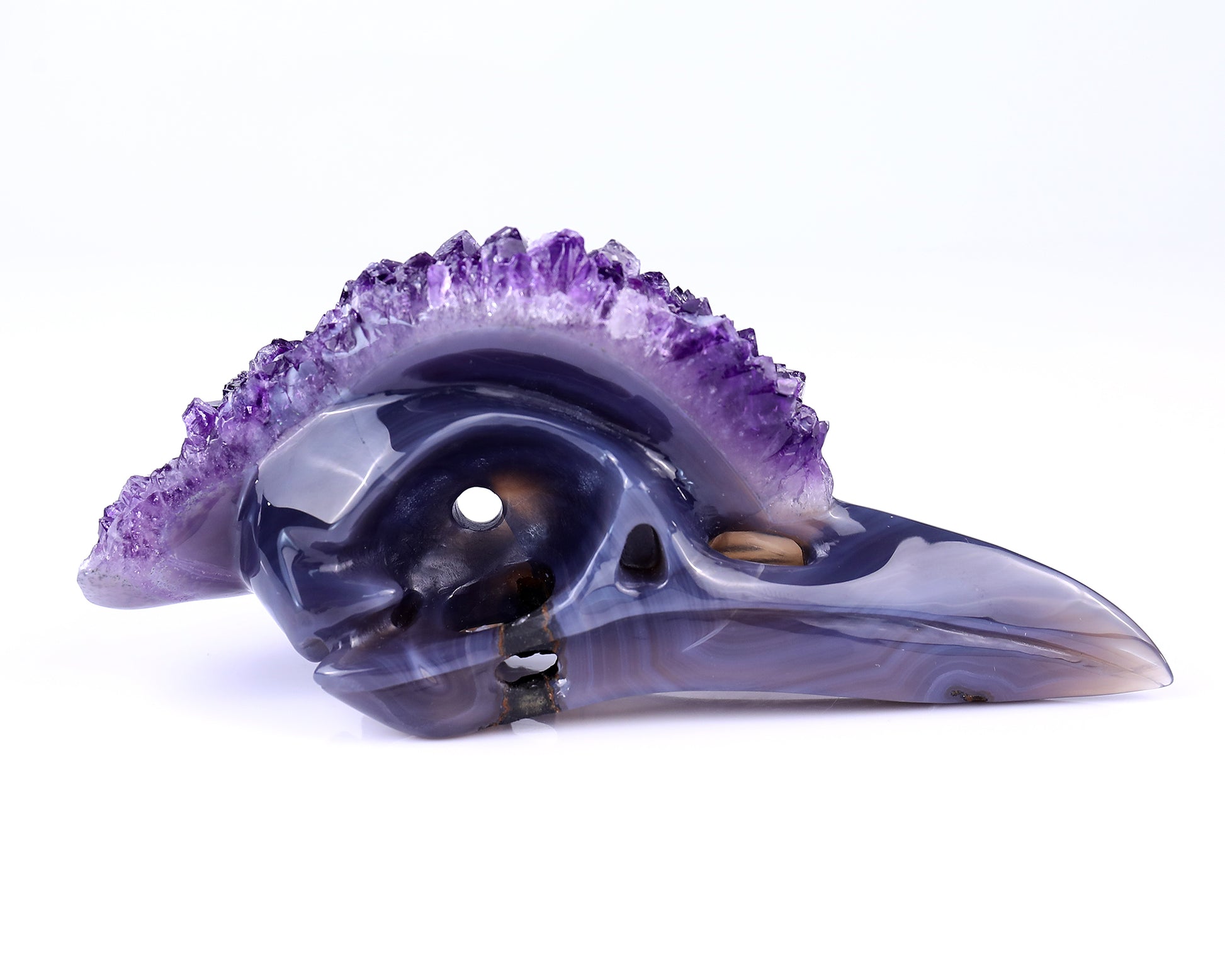 7.2" Amethyst Druse Agate Hand Carved Crystal Geode Raven Skull Sculpture Crystallumi