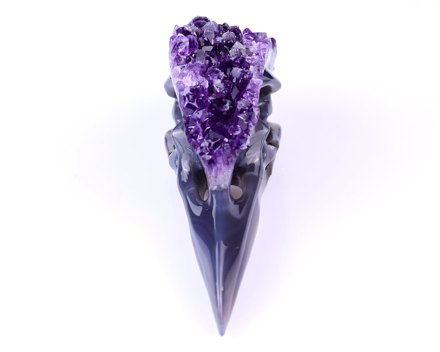 7.2" Amethyst Druse Agate Hand Carved Crystal Geode Raven Skull Sculpture Crystallumi