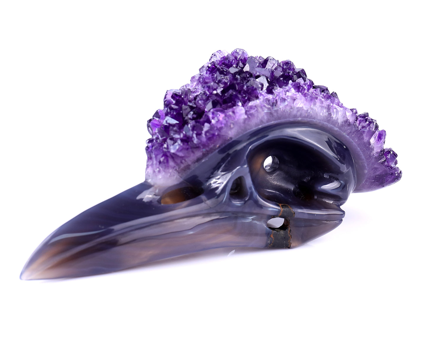 7.2" Amethyst Druse Agate Hand Carved Crystal Geode Raven Skull Sculpture Crystallumi