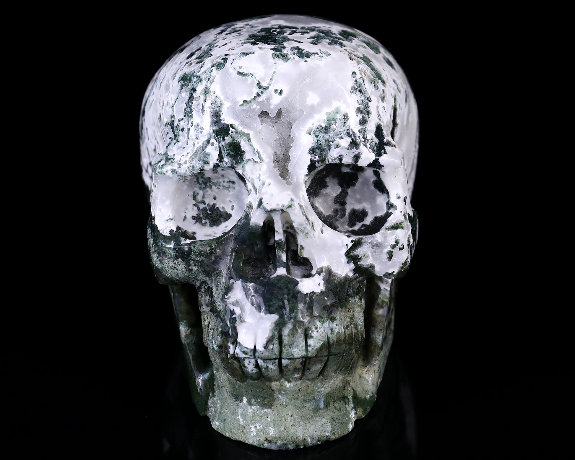 7.3" Moss Agate Hand Carved Crystal Realistic Skull Sculpture Crystallumi