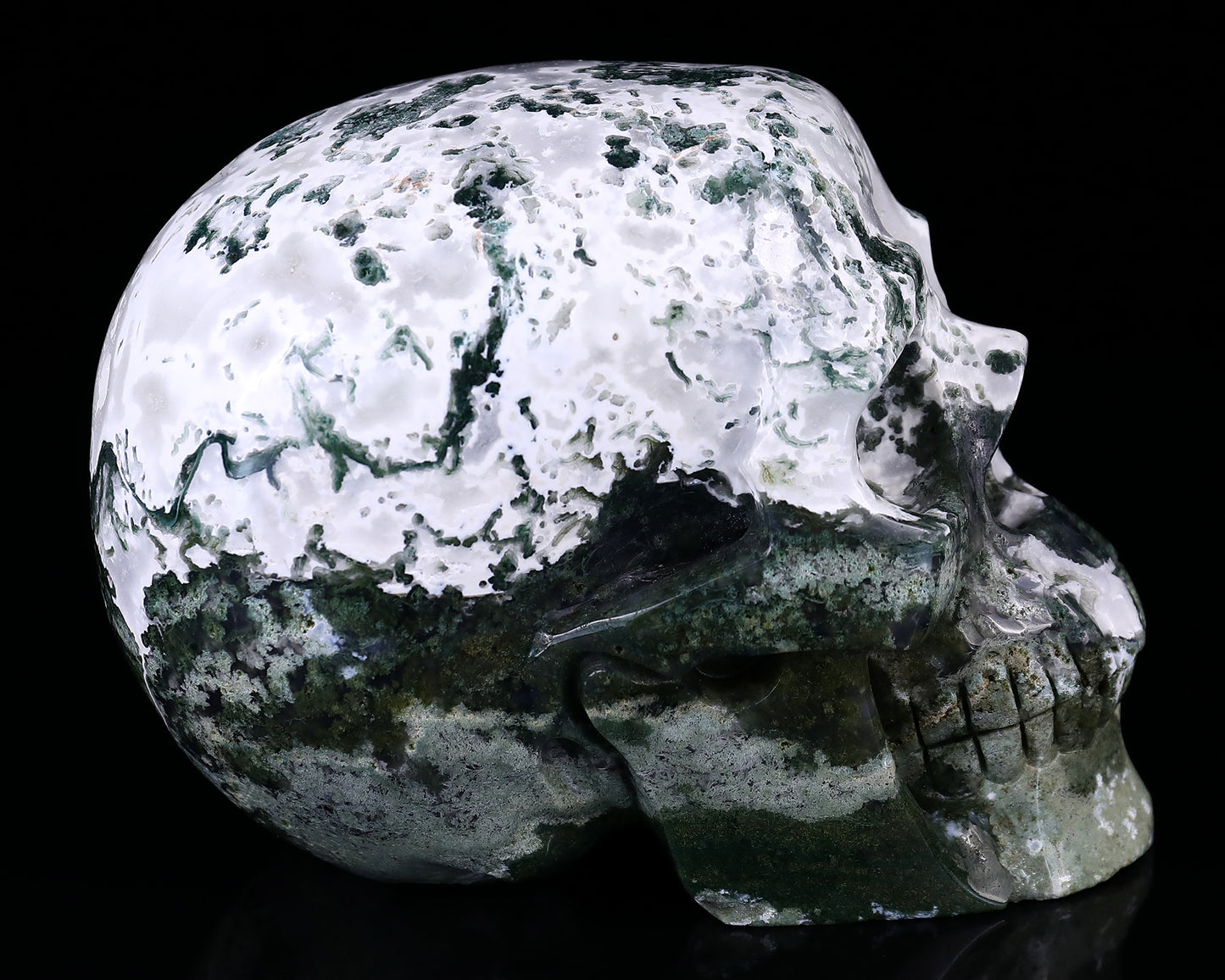 7.3" Moss Agate Hand Carved Crystal Realistic Skull Sculpture Crystallumi