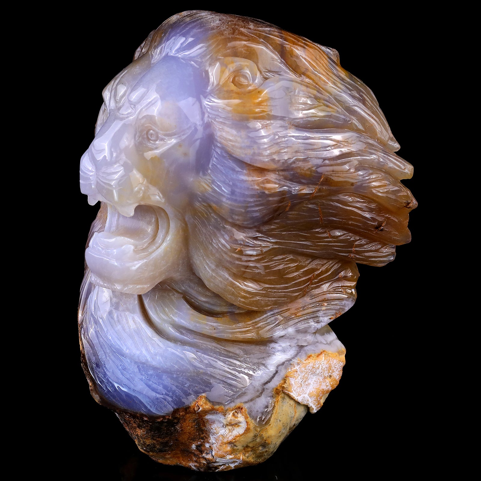 7.7" Chalcedony Hand Carved Crystal Lion Head Sculpture Crystallumi