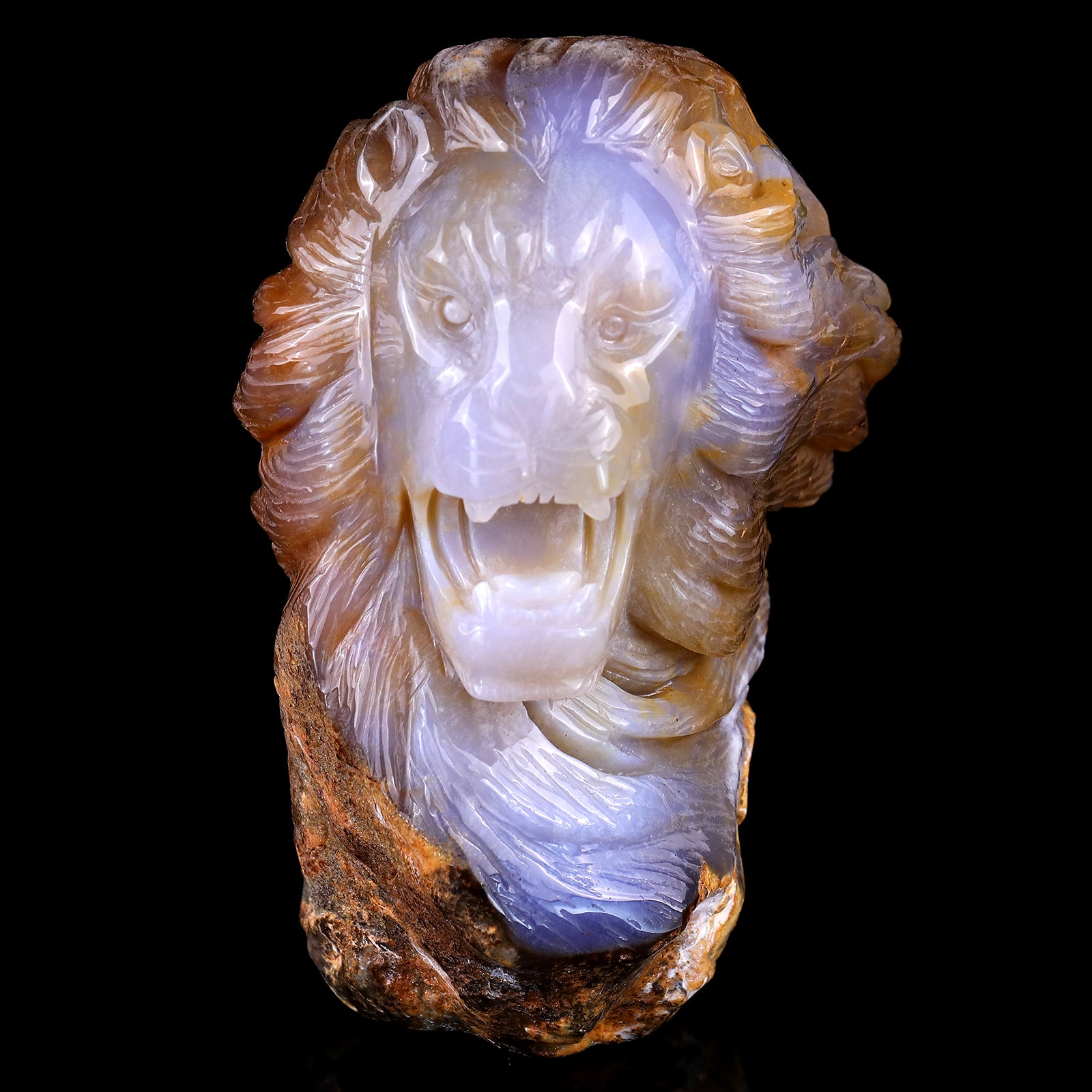 7.7" Chalcedony Hand Carved Crystal Lion Head Sculpture Crystallumi