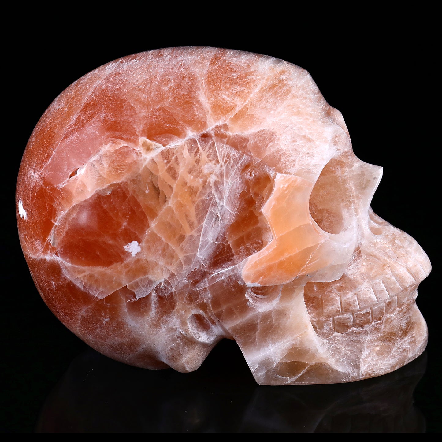 7.7" Orange Selenite Hand Carved Crystal Realistic Skull Sculpture Crystallumi