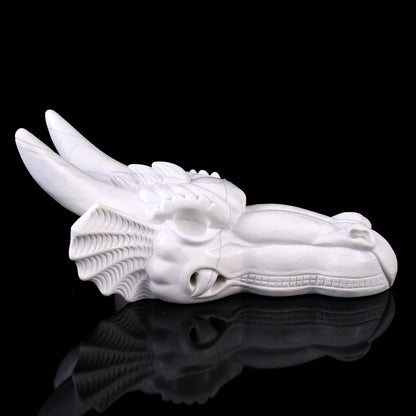 7.9" White Jade Hand Carved Crystal Dragon Skull Sculpture Crystallumi