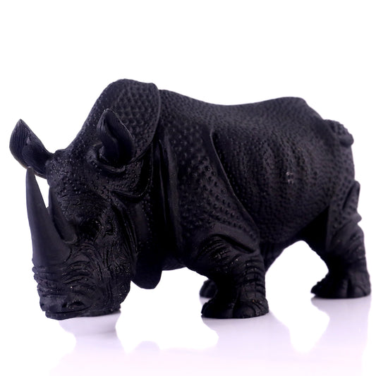 8.3" Black Obsidian Hand Carved Crystal Rhinoceros Sculpture Crystallumi