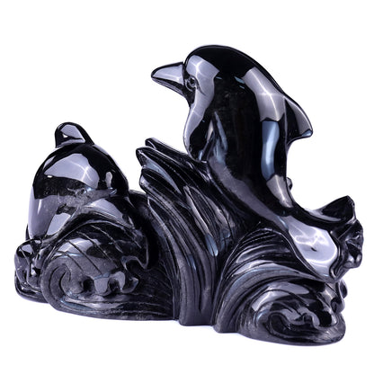 8.5" Black Obsidian Hand Carved Crystal Dolphins Sculpture Crystallumi