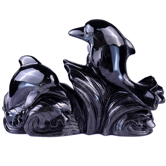 8.5" Black Obsidian Hand Carved Crystal Dolphins Sculpture Crystallumi