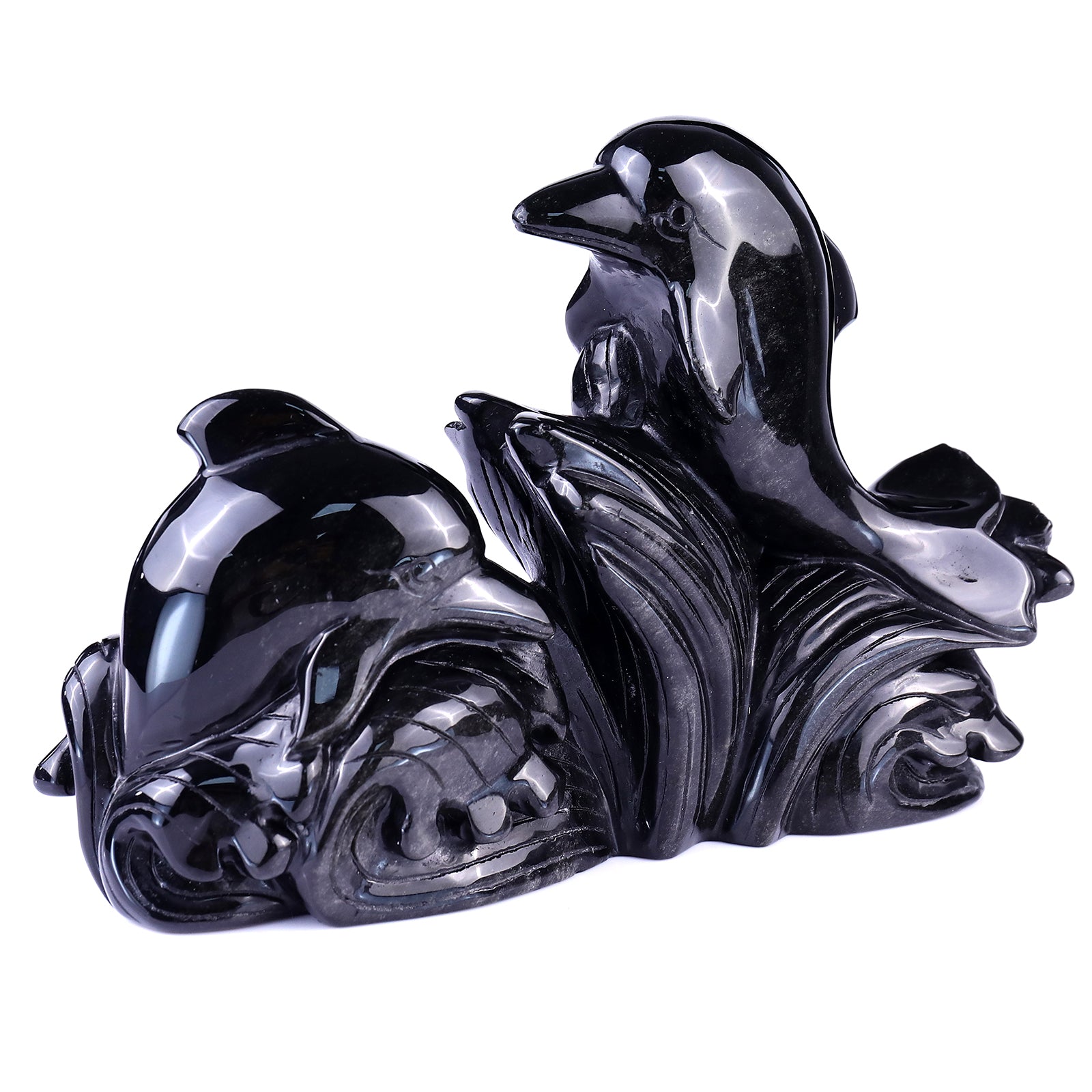 8.5" Black Obsidian Hand Carved Crystal Dolphins Sculpture Crystallumi